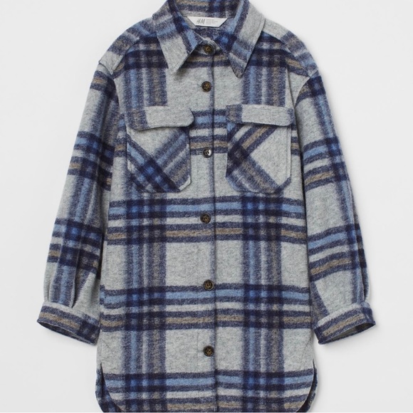 GIRLS H&M LONG BLUE & GREY THICK WOOL-LIKE PLAID SHACKET (SIZE 8) - Picture 1 of 8